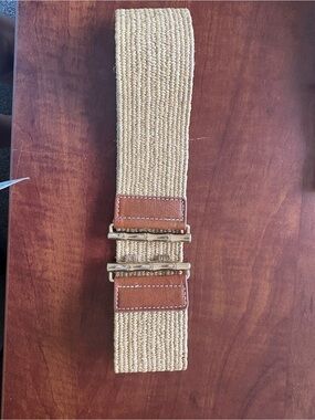 Women Woven Elastic Stretch Belt with Tan Leather and Gold Accents